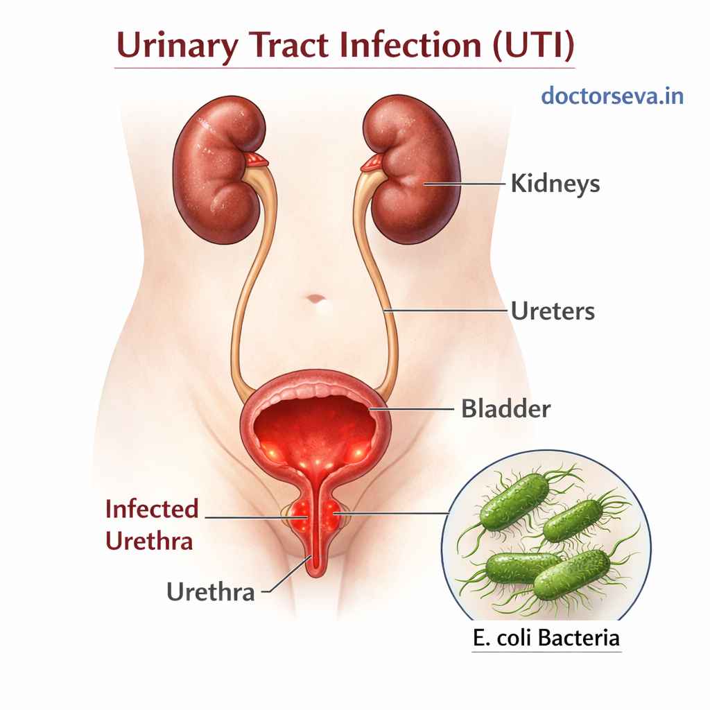 Medical illustration showing urinary tract infection (UTI) affecting the bladder and urethra with E. coli bacteria.