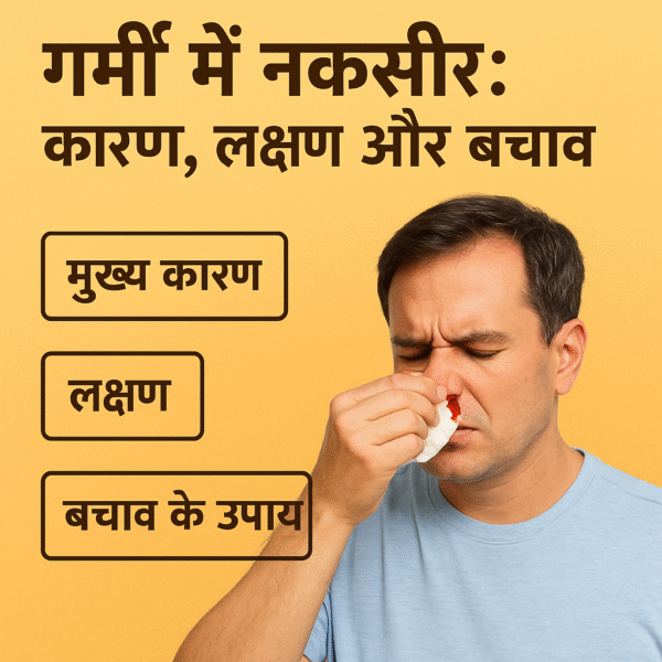 गर्मी में नकसीर की समस्या दिखाती एक छवि जिसमें व्यक्ति नाक से खून रोकते हुए दिखाई दे रहा है, साथ में कारण, लक्षण और बचाव से जुड़े ग्राफिक टेक्स्ट।