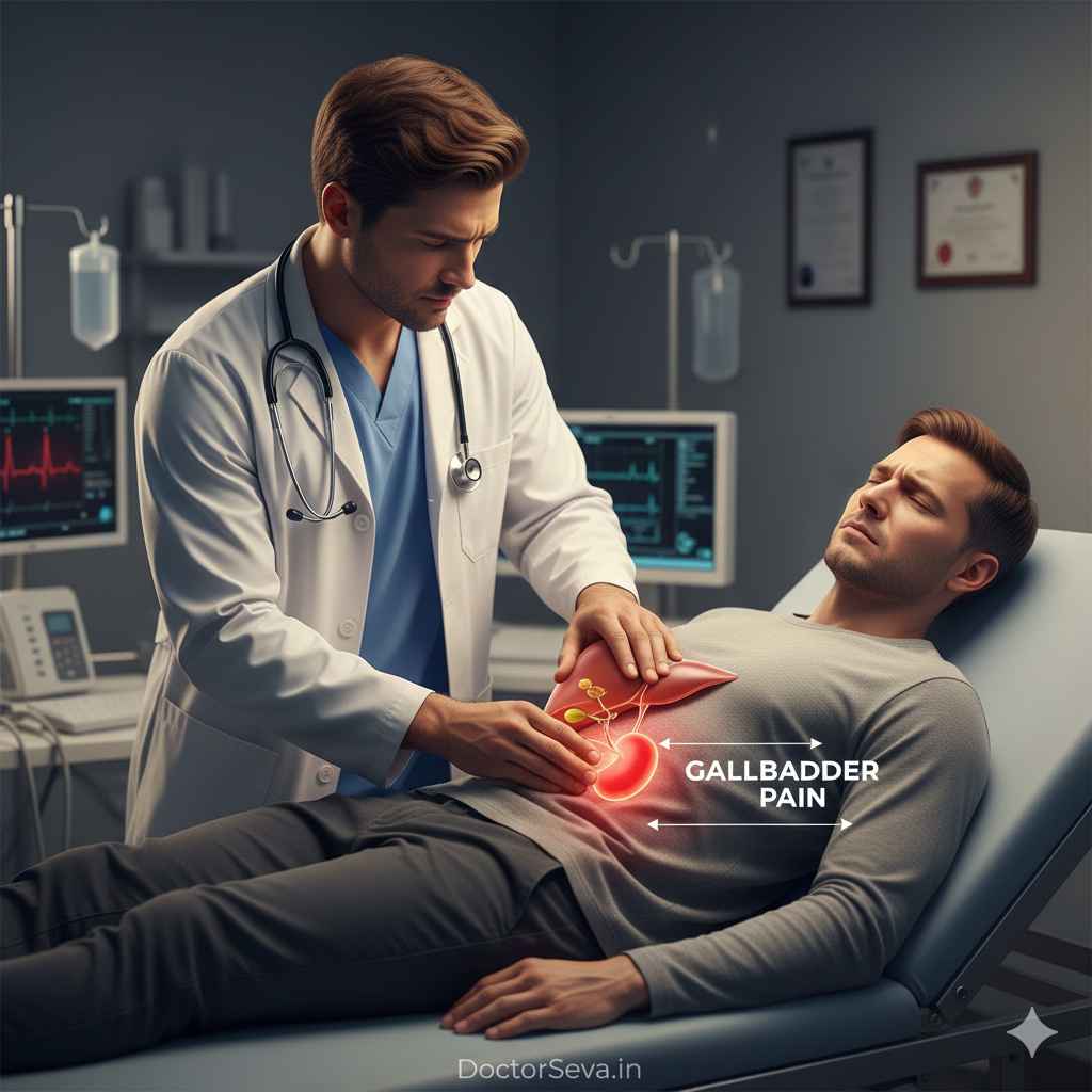 गॉल ब्लैडर की पथरी के कारण पेट में दर्द महसूस करता व्यक्ति, डॉक्टर की जांच के दौरान