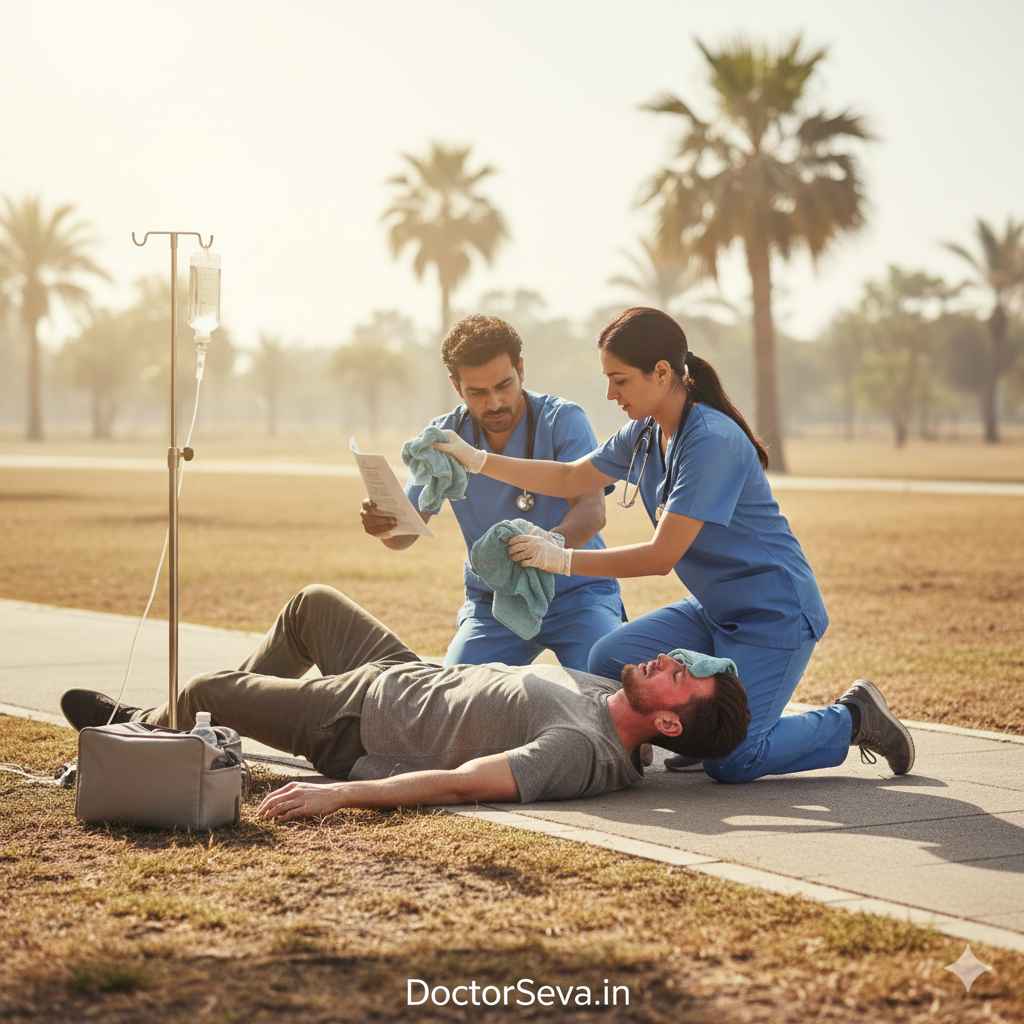 व्यक्ति को धूप में हीट स्ट्रोक के लक्षण दिख रहे हैं, डॉक्टर मदद कर रहे हैं