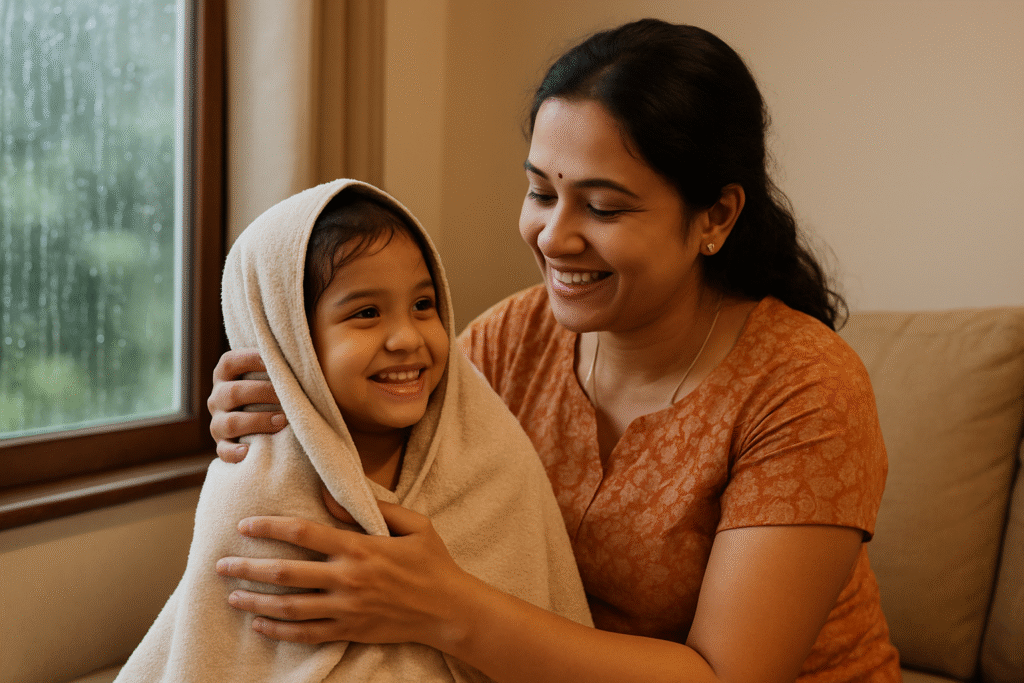 एक भारतीय मां मानसून के दौरान अपने बच्चे को तौलिये से सुखाते हुए, घर के अंदर मुस्कुराते हुए।