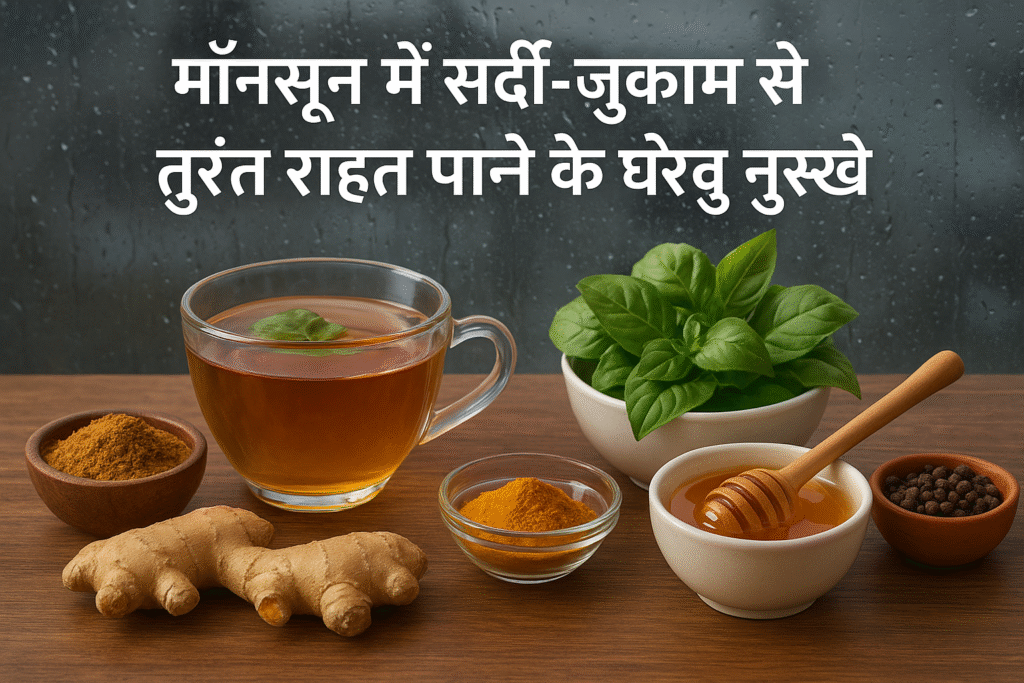 मॉनसून में सर्दी-ज़ुकाम के घरेलू नुस्खे – अदरक, शहद, हल्दी, तुलसी और काली मिर्च से बनी हर्बल चाय