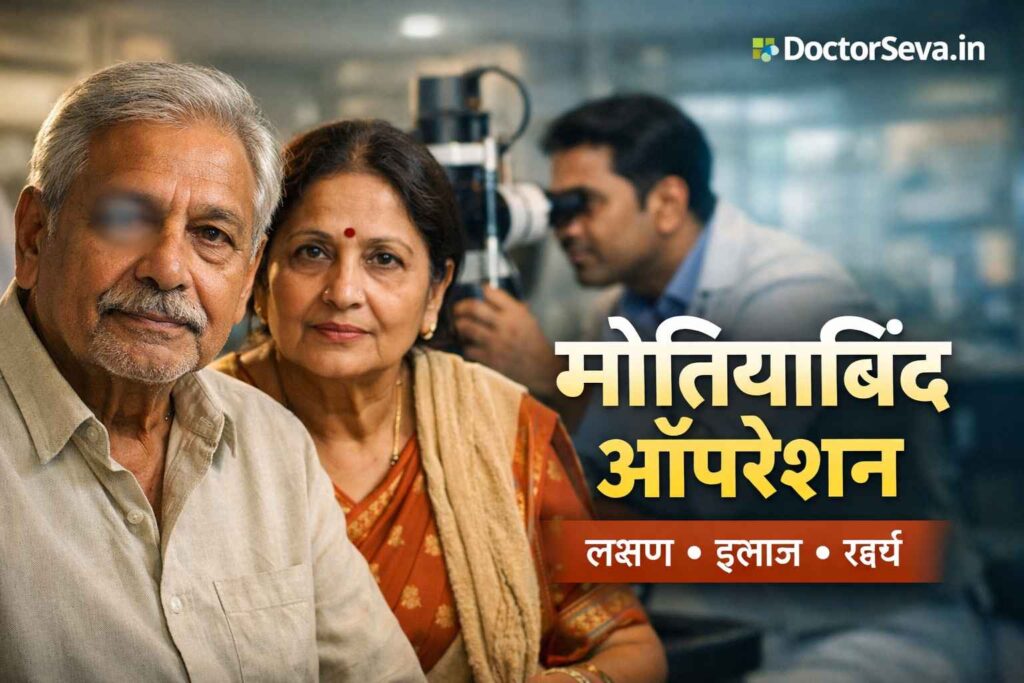 मोतियाबिंद ऑपरेशन के लिए आंखों की जांच करते डॉक्टर और क्लिनिक में बैठे बुजुर्ग दंपति