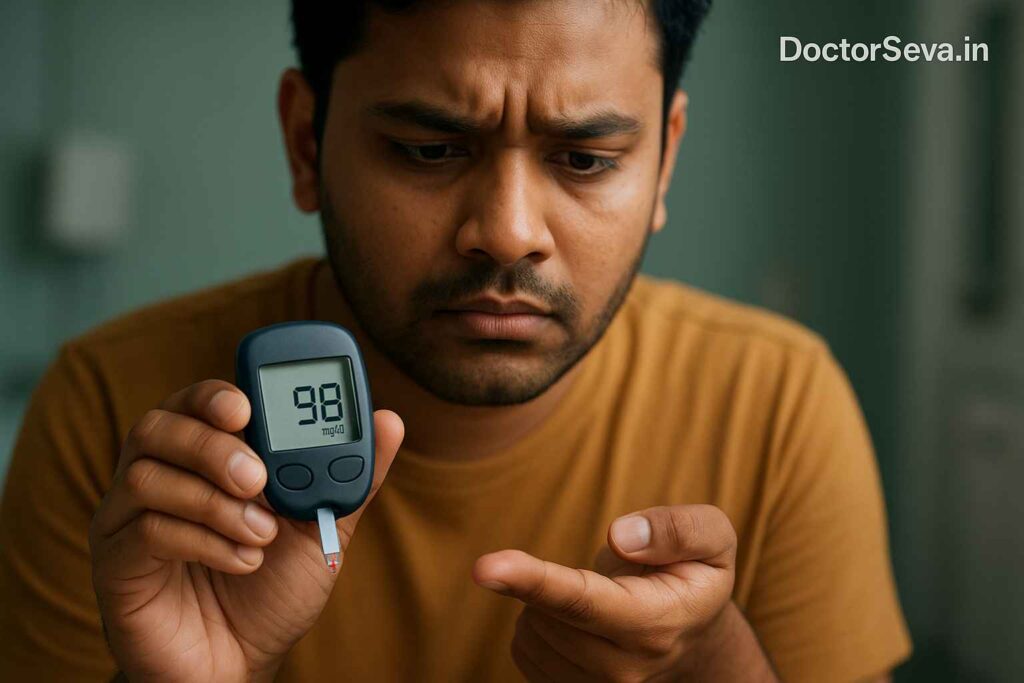 An Indian adult checking blood sugar with a glucometer, representing diabetes ke initial symptoms.