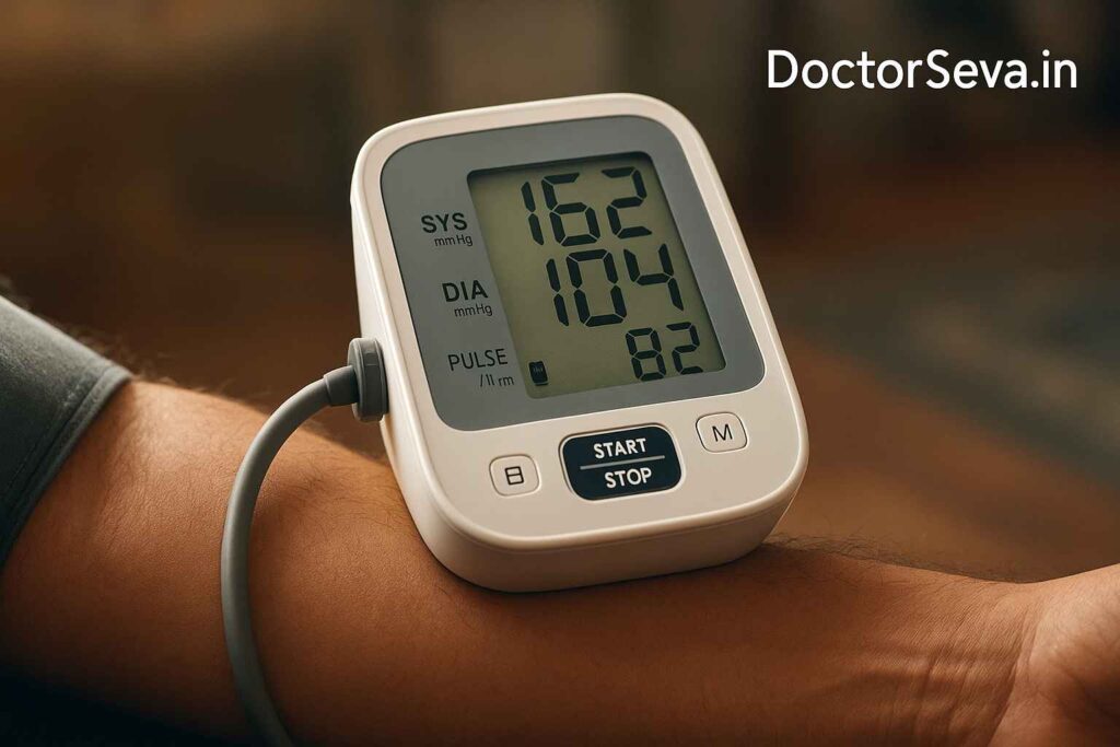 Cinematic-style image of an arm with a digital BP monitor showing high reading and ‘DoctorSeva.in’ text on the top-right corner.