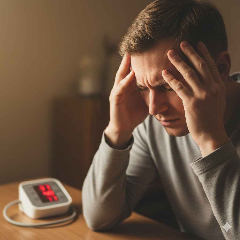 उच्च रक्तचाप के कारण सिरदर्द से परेशान एक व्यक्ति, पास में रखा डिजिटल BP मॉनिटर ऊँचा रीडिंग दिखा रहा है।