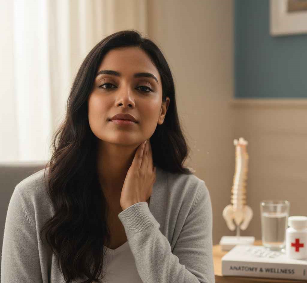 थायरॉयड प्रॉब्लम कैसे पहचानें – गर्दन की जांच करती महिला