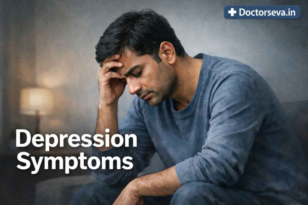 डिप्रेशन के लक्षण जैसे उदासी, तनाव और मानसिक थकान को दर्शाता चित्र