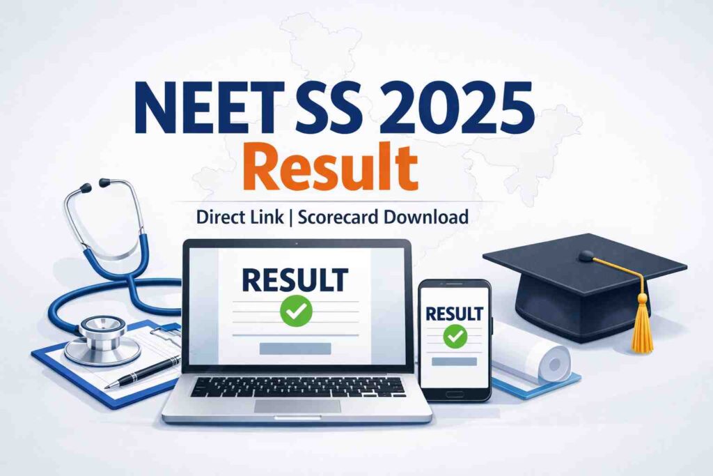 NEET SS 2025 Result featured image showing medical exam result, scorecard download and direct link information