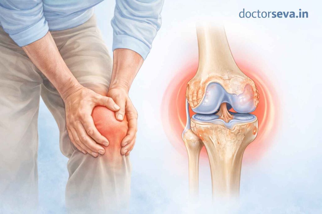 घुटनों का दर्द दिखाता हुआ knee joint medical illustration